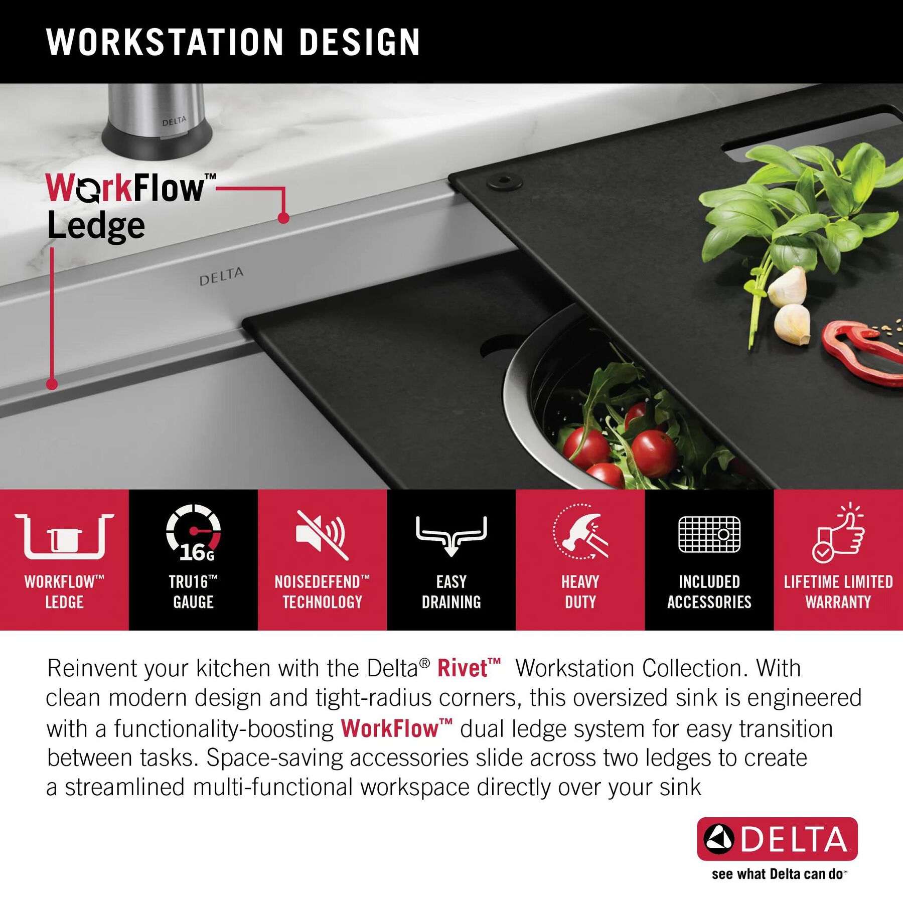 45&rdquo; Workstation Undermount Single Bowl 16 Gauge Stainless Steel Kitchen Sink with 2-Tier&nbsp;WorkFlow&trade; Ledge and Accessories
